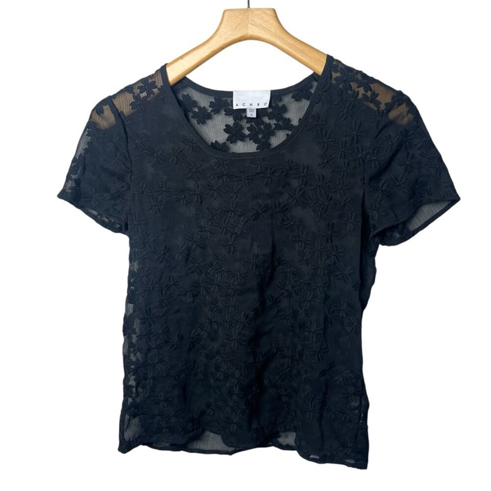 Achro Sheer Black Whimsigoth Witchy Embroidered Dark Floral Short Sleeve Top